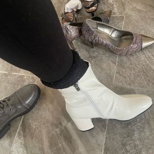 NEW white patent leather glossy boots ankle chunky heel